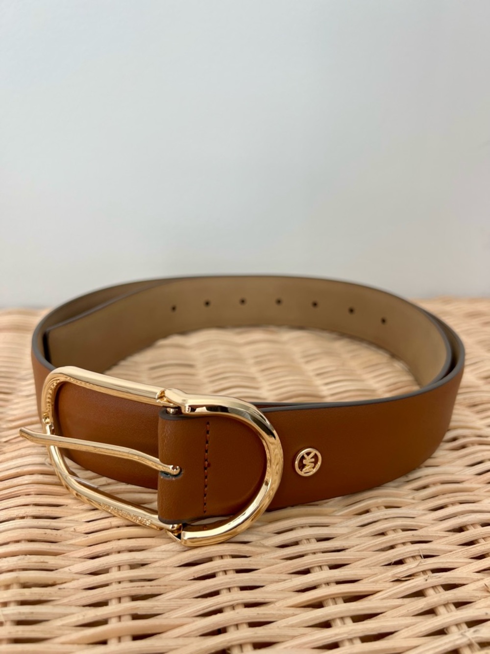 Michael Kors Leather Belt Brown Gold Buckle Logo Detail Size L NWT
